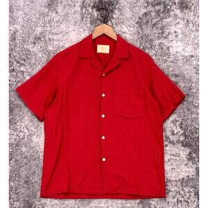 Portuguese Flannel Shirt Medium Mens Red Cotton Camp Collar Basketweave Woven